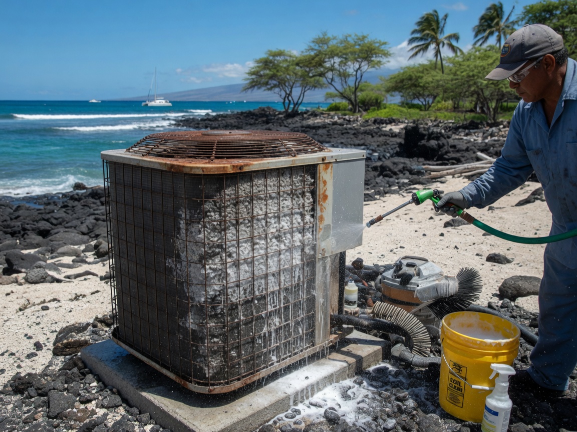 Clearing Salt Buildup on AC Coils Near the Kailua-Kona Shoreline